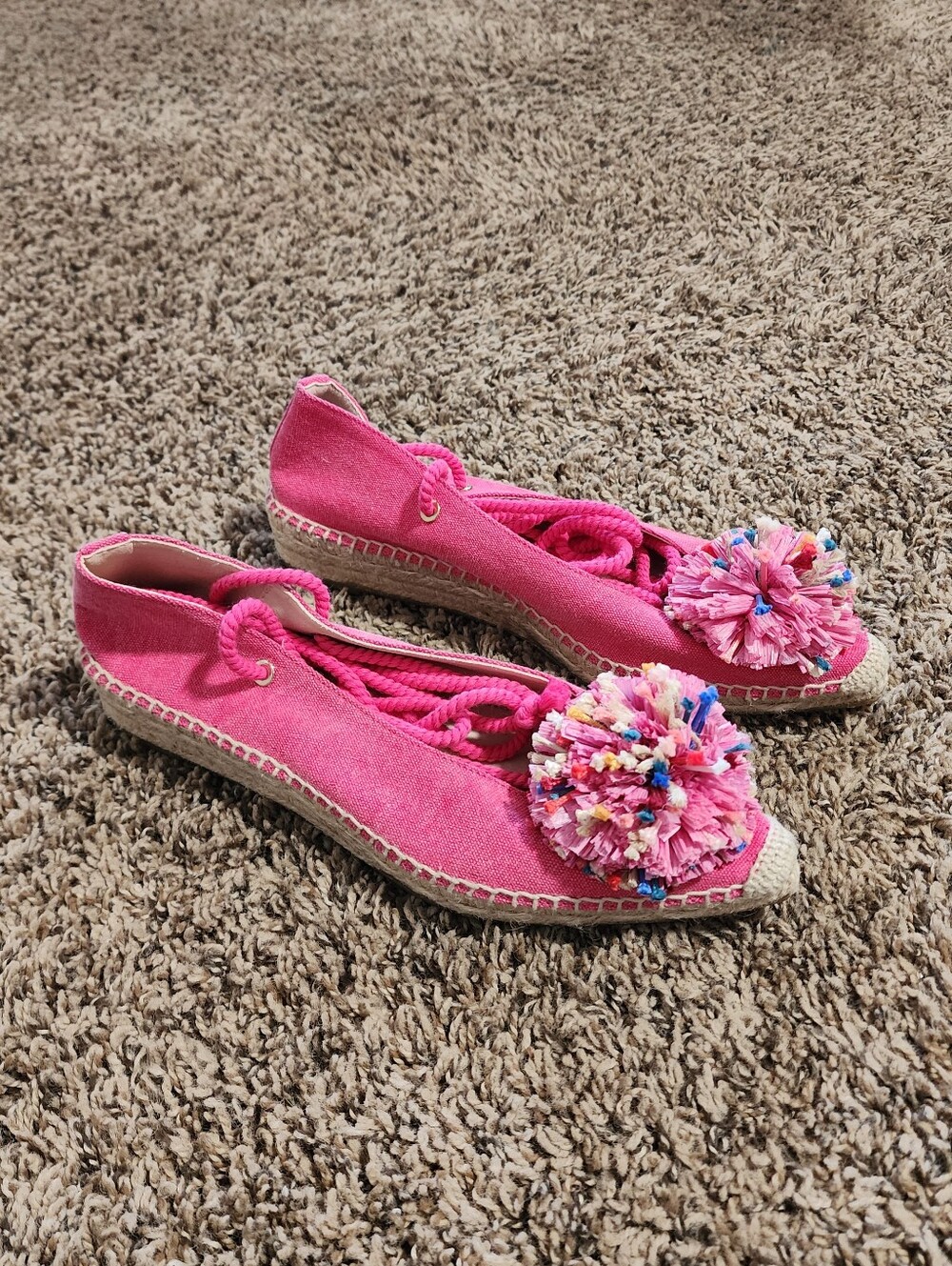 Kanna Pink Canvas Espadrilles Lace Up Pom Pom Detail 37 7US Festival